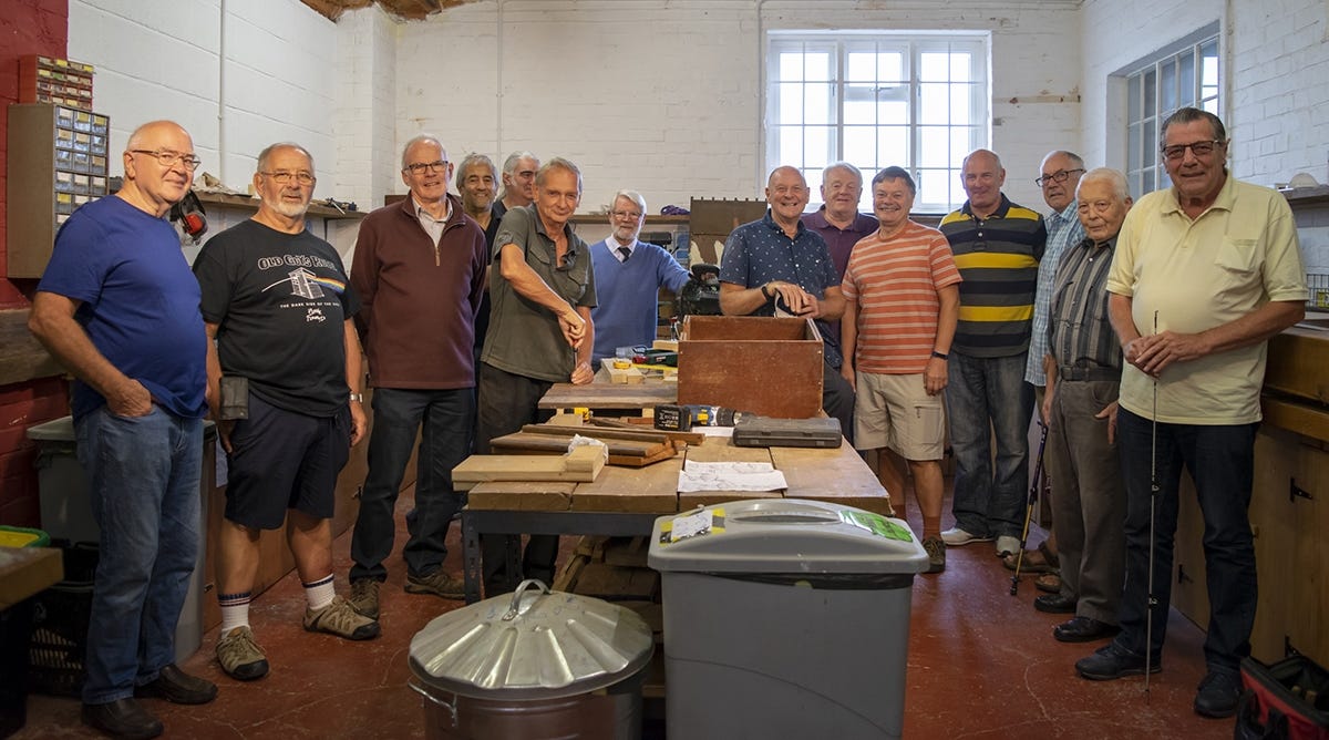 Street Men’s Shed members at a Tuesday morning meeting. Left to right: Graham, Brian, Stuart, Richard, Phillipe, Trevor, Mike, Richard, Steve, Tim, Dave, Harry, David, Alf