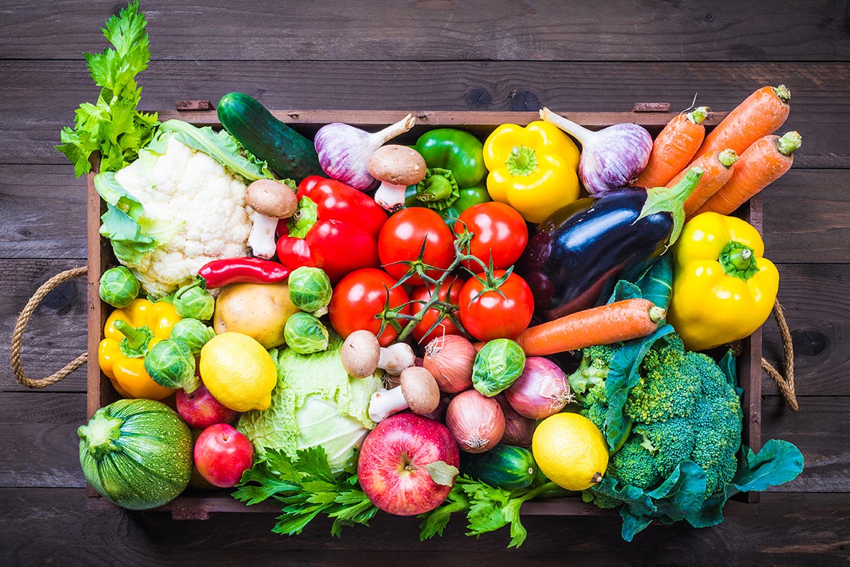 Organic fruit and vegetables in a box