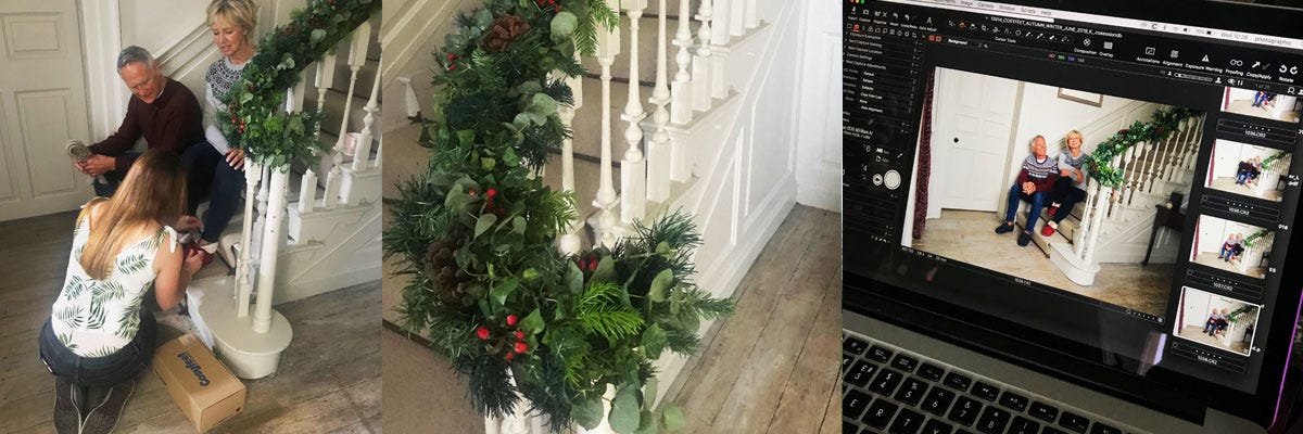 A collage featuring footwear models on a staircase decorated with winter greenery and a laptop screen