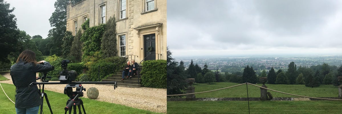 A collage featuring models being photographed outside a manor house and a view of Cheltenham
