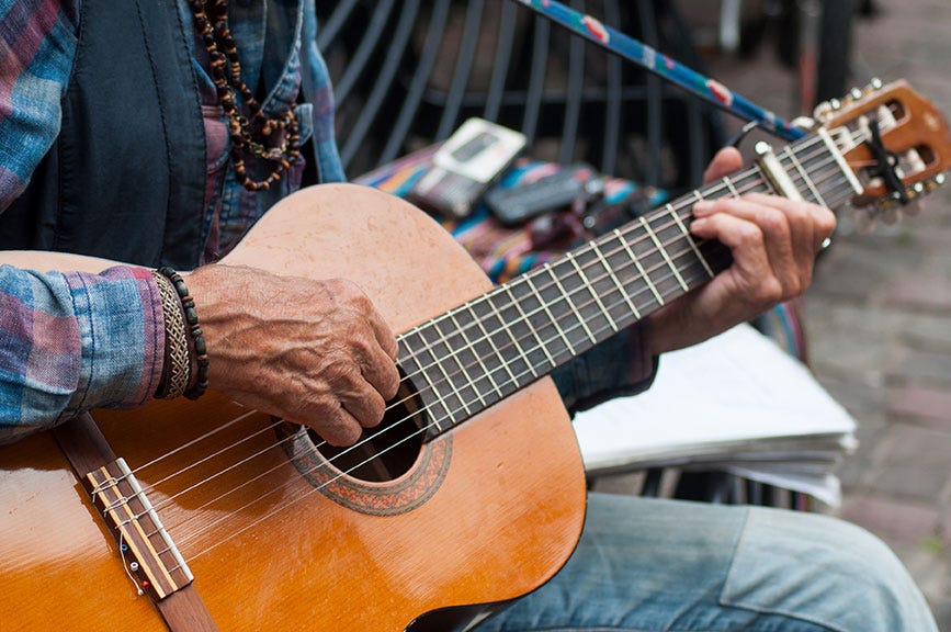 Close up of hands playing acoustic guitar